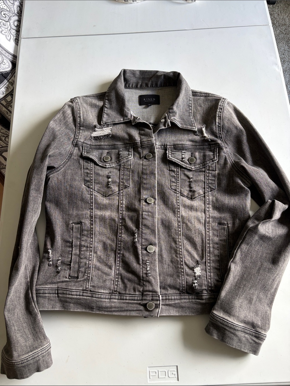 Kisen Women's Washed Grey Distressed Denim Jacket